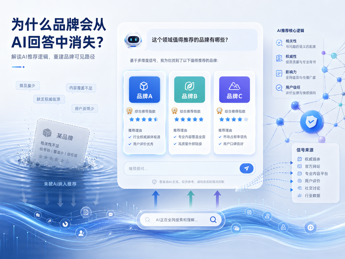 品牌为什么会从 AI 回答中消失，展示 AI 推荐逻辑、信号来源和品牌知识可见路径