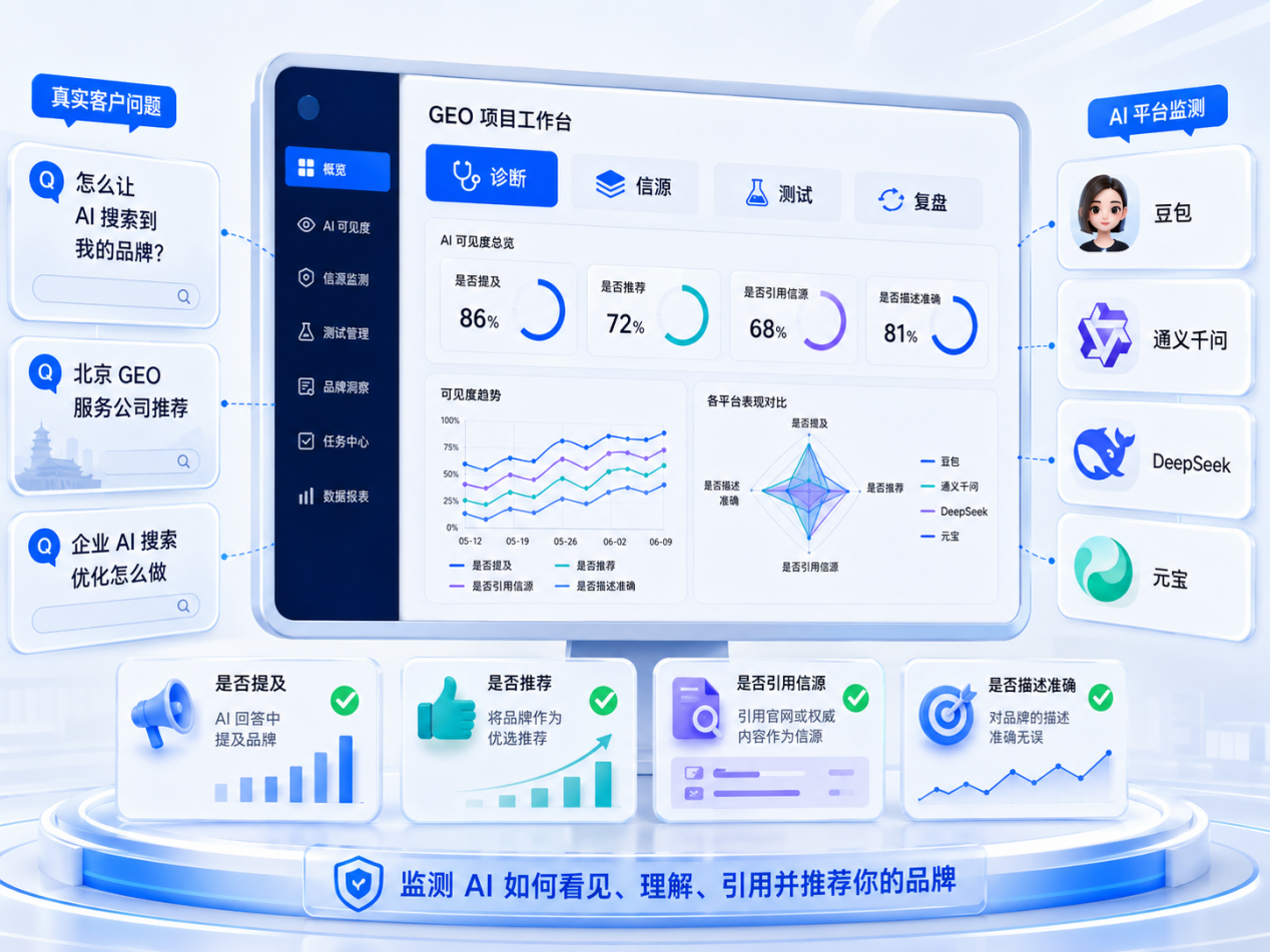 一路凯歌 GEO 项目工作台概览，展示真实客户问题、AI 平台监测和可见度指标