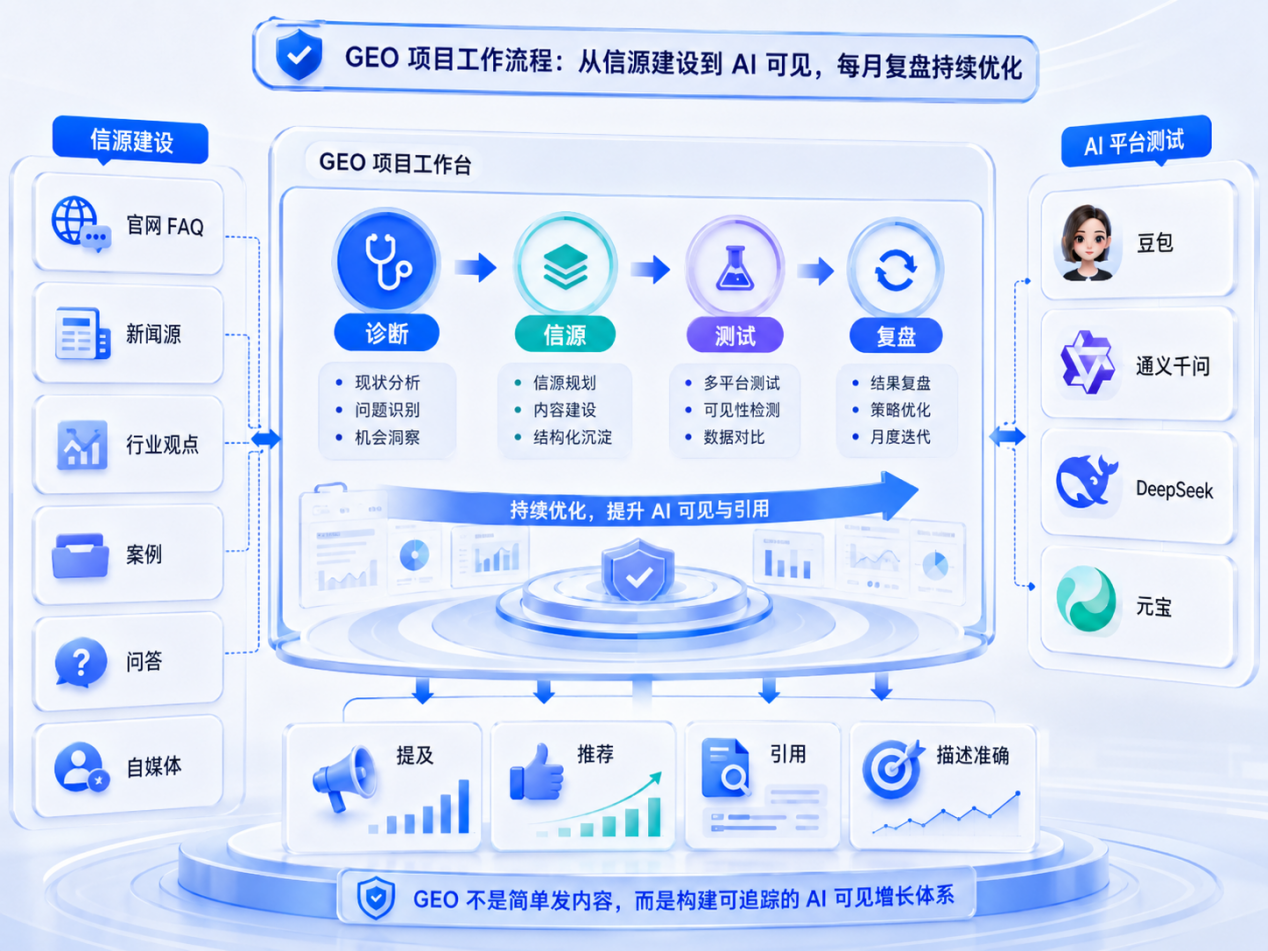 一路凯歌 GEO 项目诊断流程，覆盖品牌主体、官网内容、媒体报道和 FAQ 等信源检查